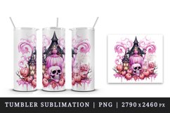 Watercolor Pink Halloween pumpkins carving bats castle haunted house skull 20 oz tumbler skinny mug wrap clipart t-shirt sublimation printable design