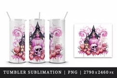 Watercolor Pink Halloween pumpkins carving bats castle haunted house skull 20 oz tumbler skinny mug wrap clipart t-shirt sublimation printable design