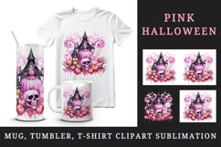 Watercolor Pink Halloween pumpkins carving bats castle haunted house skull 20 oz tumbler skinny mug wrap clipart t-shirt sublimation printable design