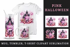 Watercolor Pink Halloween pumpkins carving bats castle haunted house skull 20 oz tumbler skinny mug wrap clipart t-shirt sublimation printable design
