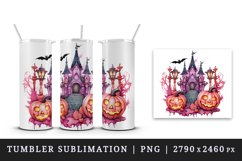 Watercolor Pink Halloween pumpkins castle haunted house Jack-o-lantern 20 oz tumbler skinny mug wrap clipart t-shirt sublimation printable design
