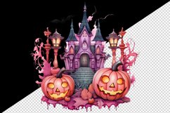 Watercolor Pink Halloween pumpkins castle haunted house Jack-o-lantern 20 oz tumbler skinny mug wrap clipart t-shirt sublimation printable design