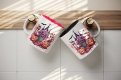 Watercolor Pink Halloween pumpkins castle haunted house Jack-o-lantern 20 oz tumbler skinny mug wrap clipart t-shirt sublimation printable design