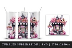 Watercolor Pink Halloween pumpkins flowers roses house shop trick or treat 20 oz tumbler skinny mug wrap clipart t-shirt sublimation printable design