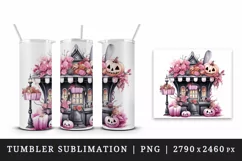 Watercolor Pink Halloween pumpkins flowers roses house shop trick or treat 20 oz tumbler skinny mug wrap clipart t-shirt sublimation printable design