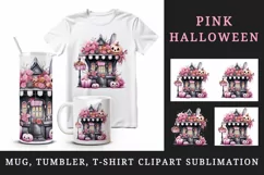 Watercolor Pink Halloween pumpkins flowers roses house shop trick or treat 20 oz tumbler skinny mug wrap clipart t-shirt sublimation printable design