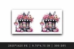 Watercolor Pink Halloween pumpkins flowers roses house shop trick or treat 20 oz tumbler skinny mug wrap clipart t-shirt sublimation printable design