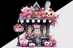 Watercolor Pink Halloween pumpkins flowers roses house shop trick or treat 20 oz tumbler skinny mug wrap clipart t-shirt sublimation printable design