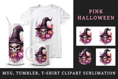 Watercolor Pink Halloween pumpkins witch hat ghost skull Jack-o-lantern 20 oz tumbler skinny mug wrap clipart t-shirt sublimation printable design