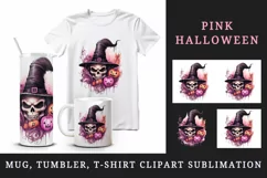 Watercolor Pink Halloween pumpkins witch hat ghost skull Jack-o-lantern 20 oz tumbler skinny mug wrap clipart t-shirt sublimation printable design