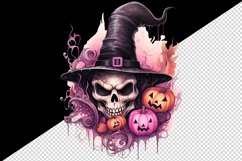 Watercolor Pink Halloween pumpkins witch hat ghost skull Jack-o-lantern 20 oz tumbler skinny mug wrap clipart t-shirt sublimation printable design