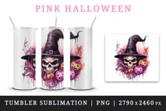 Watercolor Pink Halloween pumpkins witch hat ghost skull Jack-o-lantern 20 oz tumbler skinny mug wrap clipart t-shirt sublimation printable design