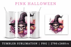 Watercolor Pink Halloween pumpkins witch hat ghost skull Jack-o-lantern 20 oz tumbler skinny mug wrap clipart t-shirt sublimation printable design