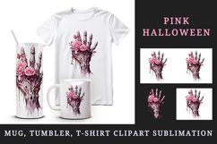 Watercolor Pink Halloween roses flowers horror zombie hand 20 oz tumbler skinny mug wrap clipart t-shirt sublimation printable design