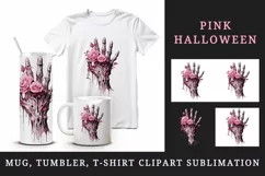 Watercolor Pink Halloween roses flowers horror zombie hand 20 oz tumbler skinny mug wrap clipart t-shirt sublimation printable design