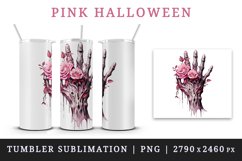 Watercolor Pink Halloween roses flowers horror zombie hand 20 oz tumbler skinny mug wrap clipart t-shirt sublimation printable design