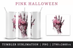 Watercolor Pink Halloween roses flowers horror zombie hand 20 oz tumbler skinny mug wrap clipart t-shirt sublimation printable design