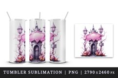 Watercolor Pink Halloween scary door pumpkins castle house Jack-o-lantern 20 oz tumbler skinny mug wrap clipart t-shirt sublimation printable design