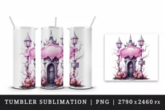 Watercolor Pink Halloween scary door pumpkins castle house Jack-o-lantern 20 oz tumbler skinny mug wrap clipart t-shirt sublimation printable design