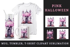 Watercolor Pink Halloween scary door pumpkins castle house Jack-o-lantern 20 oz tumbler skinny mug wrap clipart t-shirt sublimation printable design