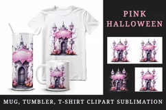 Watercolor Pink Halloween scary door pumpkins castle house Jack-o-lantern 20 oz tumbler skinny mug wrap clipart t-shirt sublimation printable design