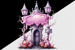 Watercolor Pink Halloween scary door pumpkins castle house Jack-o-lantern 20 oz tumbler skinny mug wrap clipart t-shirt sublimation printable design
