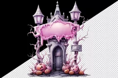 Watercolor Pink Halloween scary door pumpkins castle house Jack-o-lantern 20 oz tumbler skinny mug wrap clipart t-shirt sublimation printable design