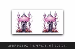 Watercolor Pink Halloween scary door pumpkins castle house Jack-o-lantern 20 oz tumbler skinny mug wrap clipart t-shirt sublimation printable design