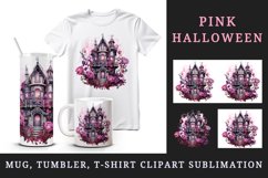 Watercolor Pink Halloween scary spooky castle haunted house flowers roses 20 oz tumbler skinny mug wrap clipart t-shirt sublimation printable design
