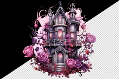 Watercolor Pink Halloween scary spooky castle haunted house flowers roses 20 oz tumbler skinny mug wrap clipart t-shirt sublimation printable design