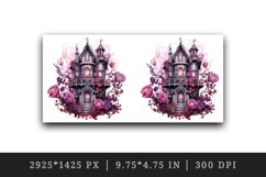 Watercolor Pink Halloween scary spooky castle haunted house flowers roses 20 oz tumbler skinny mug wrap clipart t-shirt sublimation printable design