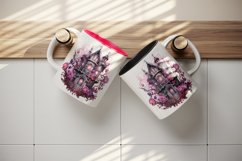 Watercolor Pink Halloween scary spooky castle haunted house flowers roses 20 oz tumbler skinny mug wrap clipart t-shirt sublimation printable design