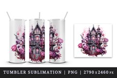 Watercolor Pink Halloween scary spooky castle haunted house flowers roses 20 oz tumbler skinny mug wrap clipart t-shirt sublimation printable design