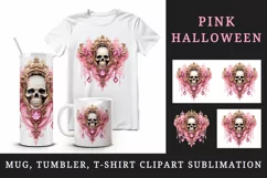 Watercolor Pink Halloween skull horror frame glamour diamonds 20 oz tumbler skinny mug wrap clipart t-shirt sublimation printable design