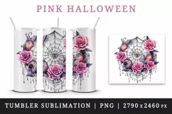 Watercolor Pink Halloween spider web flowers roses 20 oz tumbler skinny mug wrap clipart t-shirt sublimation printable design