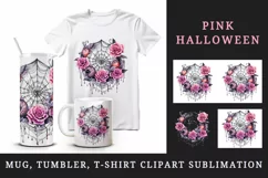 Watercolor Pink Halloween spider web flowers roses 20 oz tumbler skinny mug wrap clipart t-shirt sublimation printable design