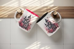 Watercolor Pink Halloween spooky castle haunted house autumn leaves 20 oz tumbler skinny mug wrap clipart t-shirt sublimation printable design