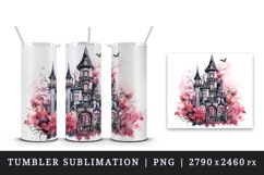 Watercolor Pink Halloween spooky castle haunted house autumn leaves 20 oz tumbler skinny mug wrap clipart t-shirt sublimation printable design