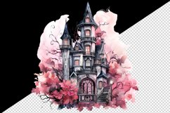 Watercolor Pink Halloween spooky castle haunted house autumn leaves 20 oz tumbler skinny mug wrap clipart t-shirt sublimation printable design