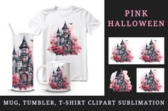 Watercolor Pink Halloween spooky castle haunted house autumn leaves 20 oz tumbler skinny mug wrap clipart t-shirt sublimation printable design