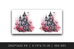 Watercolor Pink Halloween spooky castle haunted house autumn leaves 20 oz tumbler skinny mug wrap clipart t-shirt sublimation printable design