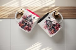 Watercolor Pink Halloween spooky castle haunted house autumn leaves pumpkins 20oz tumbler skinny mug wrap clipart t-shirt sublimation printable design