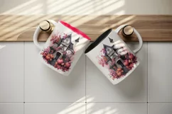 Watercolor Pink Halloween spooky castle haunted house autumn leaves pumpkins 20oz tumbler skinny mug wrap clipart t-shirt sublimation printable design