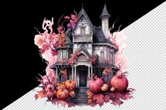 Watercolor Pink Halloween spooky castle haunted house autumn leaves pumpkins 20oz tumbler skinny mug wrap clipart t-shirt sublimation printable design