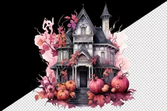 Watercolor Pink Halloween spooky castle haunted house autumn leaves pumpkins 20oz tumbler skinny mug wrap clipart t-shirt sublimation printable design