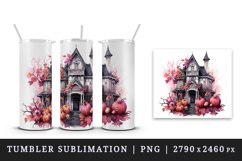 Watercolor Pink Halloween spooky castle haunted house autumn leaves pumpkins 20oz tumbler skinny mug wrap clipart t-shirt sublimation printable design