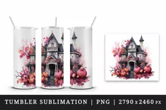 Watercolor Pink Halloween spooky castle haunted house autumn leaves pumpkins 20oz tumbler skinny mug wrap clipart t-shirt sublimation printable design