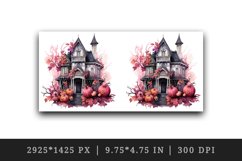 Watercolor Pink Halloween spooky castle haunted house autumn leaves pumpkins 20oz tumbler skinny mug wrap clipart t-shirt sublimation printable design