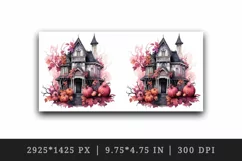 Watercolor Pink Halloween spooky castle haunted house autumn leaves pumpkins 20oz tumbler skinny mug wrap clipart t-shirt sublimation printable design
