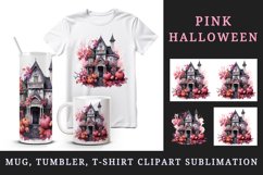 Watercolor Pink Halloween spooky castle haunted house autumn leaves pumpkins 20oz tumbler skinny mug wrap clipart t-shirt sublimation printable design
